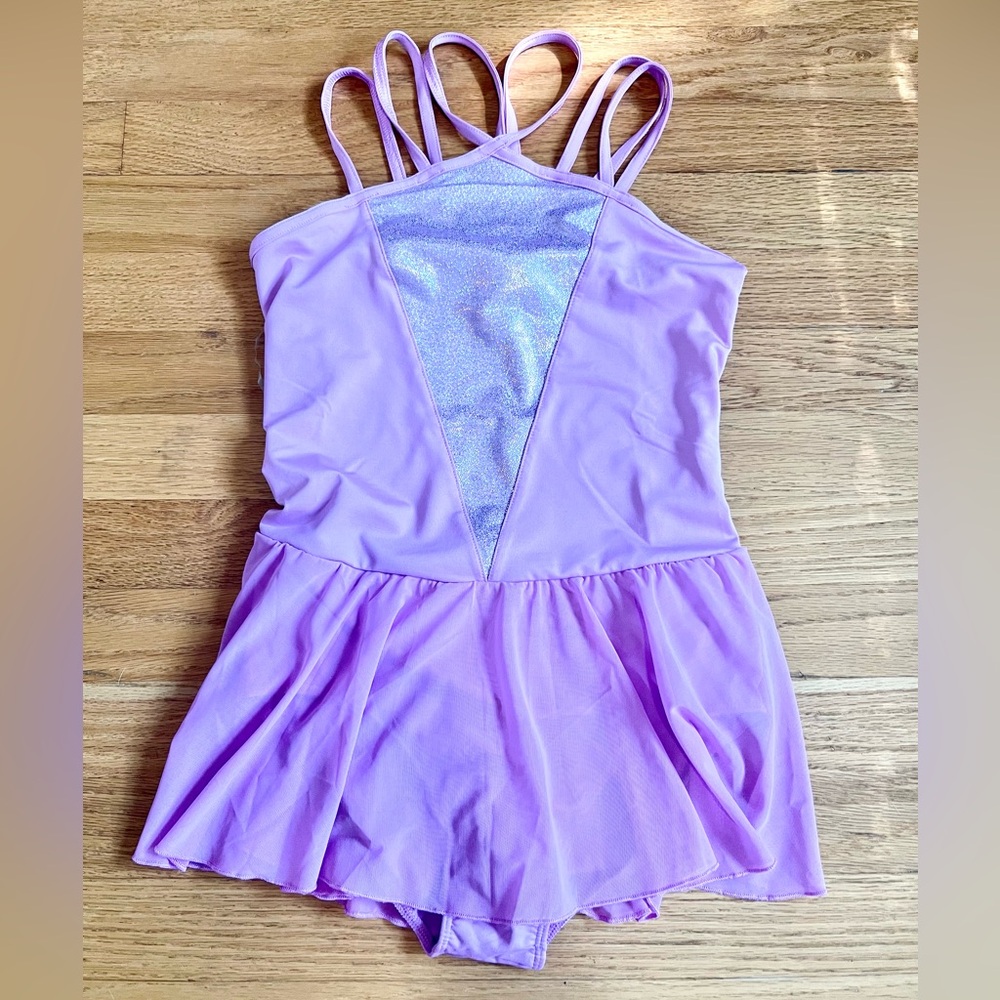 NWT Capezio Lavender Purple Silver Kids Dance Leotard Leo m attached skirt